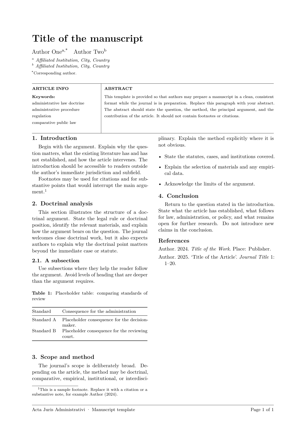 First page of the Acta Juris Administrativi two-column LaTeX template