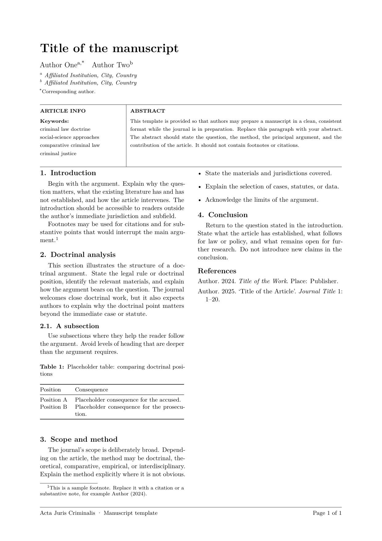 First page of the Acta Juris Criminalis two-column LaTeX template