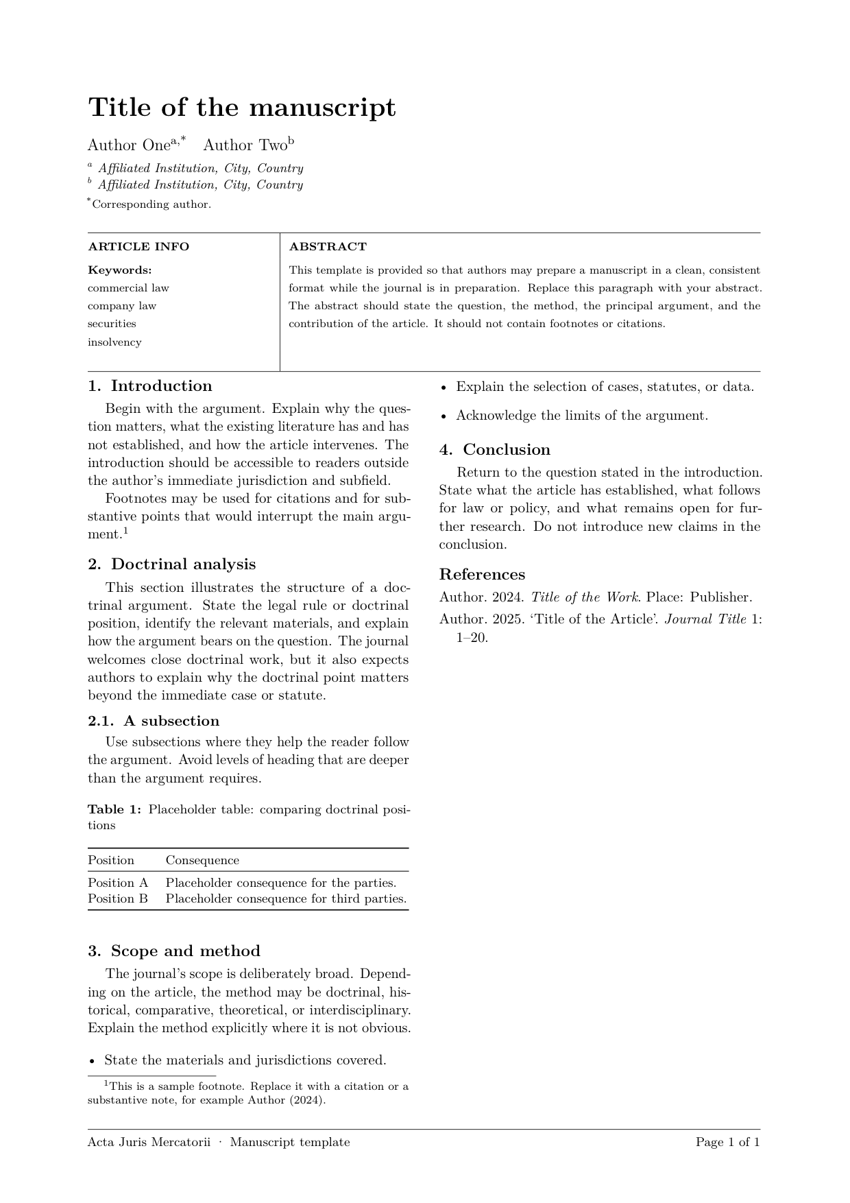 First page of the Acta Juris Mercatorii two-column LaTeX template