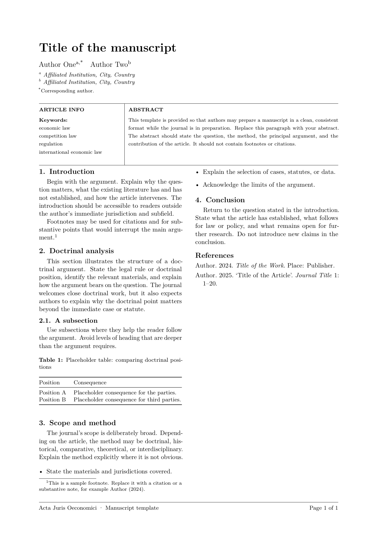 First page of the Acta Juris Oeconomici two-column LaTeX template