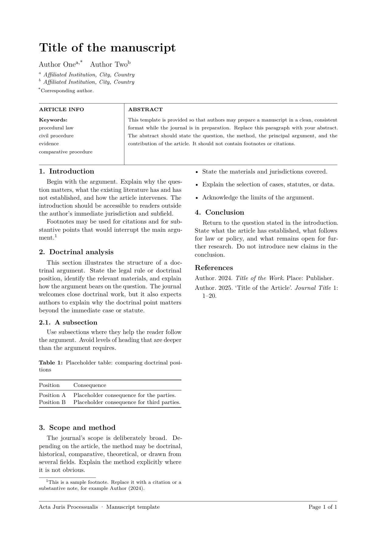 First page of the Acta Juris Processualis two-column LaTeX template